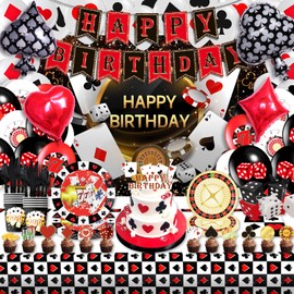 Casino Theme Party Decorations Supplies，Las Vegas Party and Poker Happy Birthday Backdrop Banner and Cups and Cups and Plates and Tableware and Dice Candy Gift Box ，Casino Anniversary Birthday Event