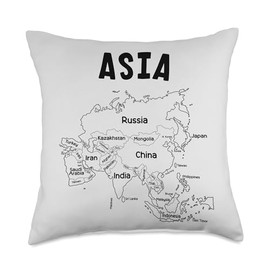 black hand drawn map of Asia, names and border of countries Throw Pillow