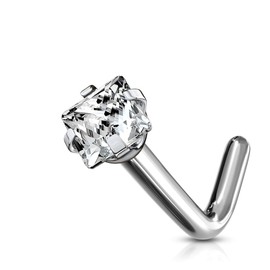 PiercedOff Titanium L Bend Nose Stud with Clear Square CZ - Thickness 20GA (0.8mm) / Square CZ Size 3mm