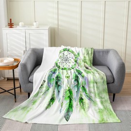 Erosebridal Bohemian Turquoise Tie Dye Dreamcatcher Throw Blanket Twin 60x80,Tribal Dream Catchers Home Decor Blanket,Feathers Butterfly Wild Animals Fleece Blanket,Green Watercolor Fuzzy Blanket
