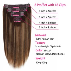 Clip in Hair Extensions Real Human Hair Brown Highlights Remy Hair Extensions Clip in Human Hair Dark Brown with Caramel Blonde Human Hair Clip in Extensions Full head (18 Inch #P4/27)