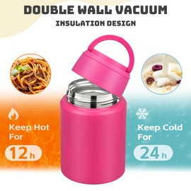 17 oz Soup Thermos for Hot Food Kids, Stainless Steel Vacuum Insulated Food Jar Lunch Box Container with Folding Spoon,Leakproof Thermos with Handle for School,Office,Travel,Outdoor(pink