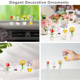 LONGWIN 4pcs Cute Mini Crystal Flower Figurines Hand Blown Glass Spring Bouquet Flower Collectible Figurine Lucky Home Decor Ornaments Gift Idea for Mothers Day, Birthday, Christmas Day