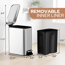 Halituny Small Bathroom Trash Can w/Lid Soft Close, 6 Liter/1.6 Gallon Stainless Steel Garbage Can w/Inner Bucket, Trash Bin Waste Basket for Kitchen, Bedroom, Living Room, Office, Toilet, Silver