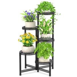 iDavosic.ly Plant Stand Indoor Outdoor, 5 Tier Corner Metal Flower Display Holder Shelf, Easy Assembly Folding Tall Orchid Rack for Patio Balcony Porch Garden Living Room House, Wrought Iron - Modern Black