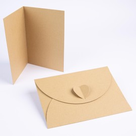 PresentFill® – Blank Folding Cards with Envelopes with Heart Closure – Set of 25 – Natural Brown – Folding Cards for Designing, Labelling or Printing – DIN A6 / C6