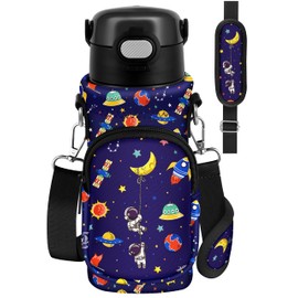 Miss Adola Water Bottle Carrier with Strap - Cute Cartoon Insulated Water Bottles Carrier Bag with Pocket Neoprene Bottle Holder Bag for 14/16/18/20 oz Stainless Glass Bottles Sleeve, Blue Astronauts