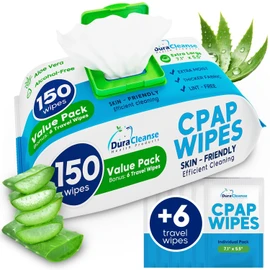 CPAP Mask Wipes - 150 Count Jumbo Pack + 6 Travel Sheets - Dura Cleanse Extra Large, Extra Moist Cleaning Wipes for Full Face, Nasal Masks Unscented Cleaner for CPAP Machine, Supplies and Accessories