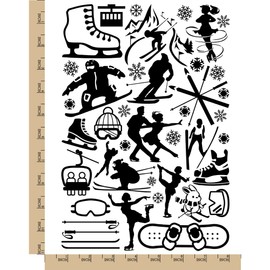 Winter Sports Snowboarding Ice Skate Ski Temporary Tattoo Water Resistant Fake Body Art Set Collection - Black (One Sheet)