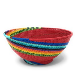 Bridge for Africa Fair Trade Zulu Telephone Wire 8" Round Pedestal Bowl Basket, Red Rainbow, Each One Unique