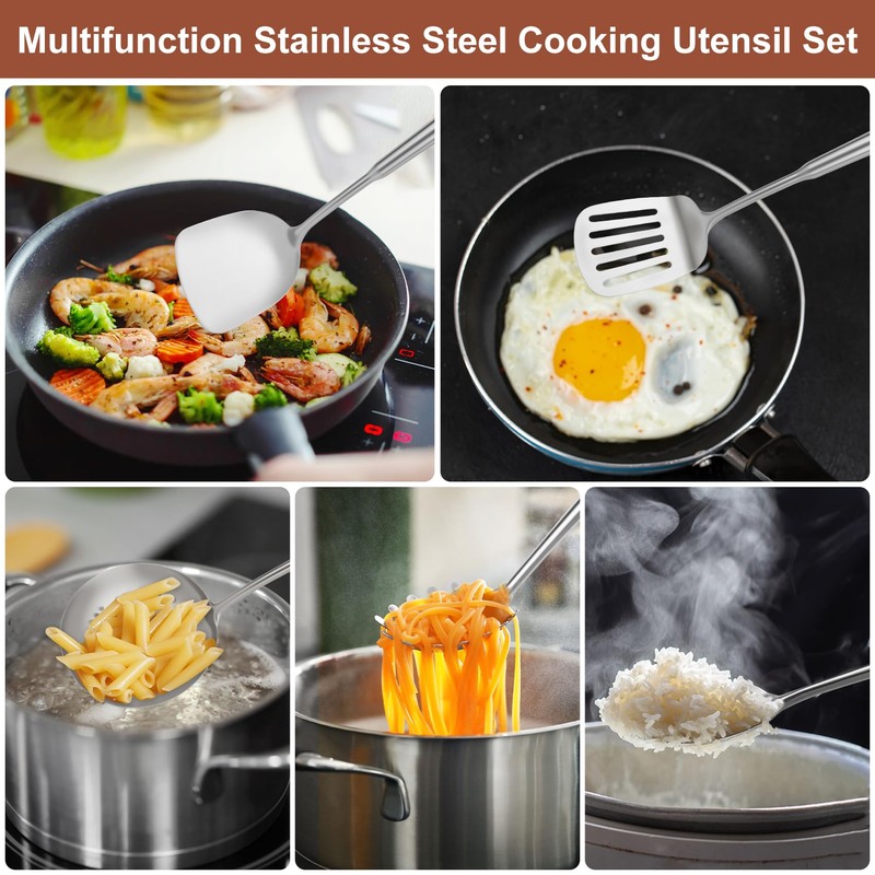 304 Stainless Steel Cooking Utensils Set, 10pcs Long Metal Kitchen