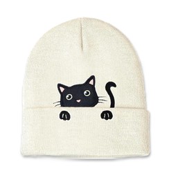 Women's Cat Beanie, Warm Crochet Cat Hat, Soft and Elastic Cat Ear Beanie, Fashion Cat Themed Gifts for Women Girls (White)