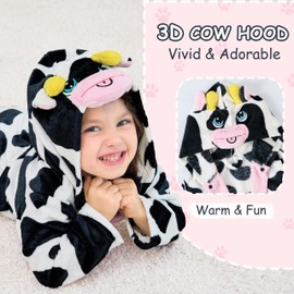 LOLANTA Kids Robe Hooded Fleece Bathrobe Girls Sleepwear Cow Animal Bathrobe Toddler Housecoat Birthday Gifts (Cow 2-3T)