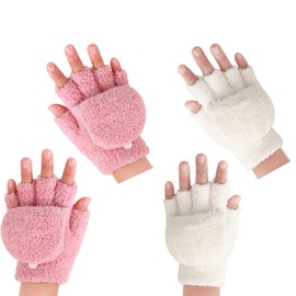SUNTRADE Warm Fingerless Gloves for Men and Women, Winter Mittens with Flip Top Cover, Knitted Wool Gloves, Pack of 2, pink/white