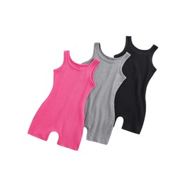 Floerns Girl's 3 Pcs Sleeveless Rib Knit Round Neck Tank Rompers Jumpsuit Black Grey Pink 6Y
