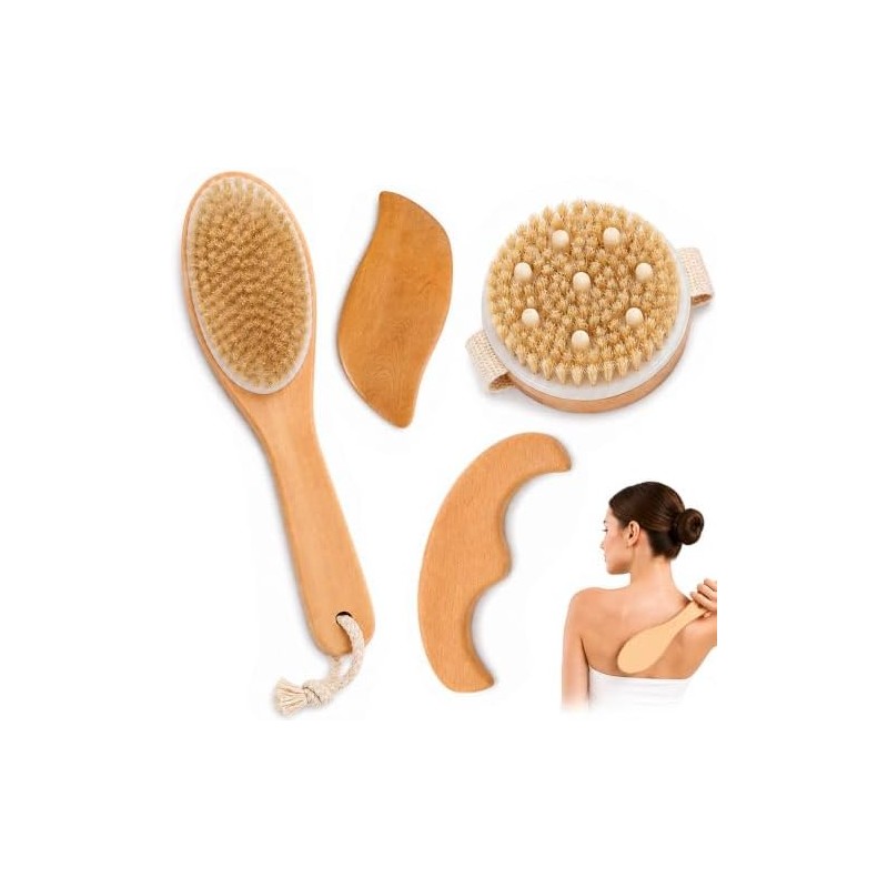 Kit de Cepillos Corporales de Cerdas Naturales y Gua Sha