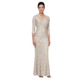 S.L. Fashions Women's Long Sequin Lace Fit and Flare Mother of The Bride Dress with Jacket (Petite & Regular Sizes), Champagne