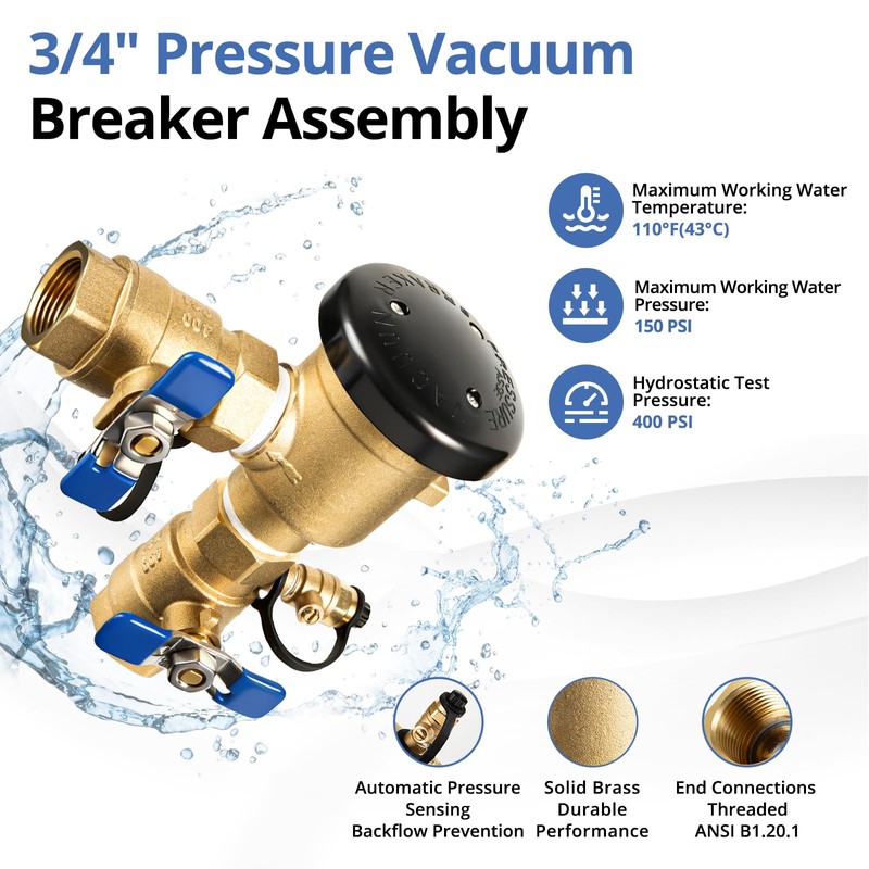 3/4" Pressure Vacuum Breaker Assembly, Solid Brass Backflow Preventer,Max 400