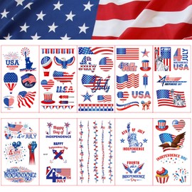 4th of July Temporary Tattoos America Flag Fake Tattoos Independence Day Red White and Blue Patriotic Face Tattoo Stickers USA Party Favors Fourth of July Decorations Supplies, 10 Sheets