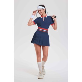 Tennis Skirt Sets for Women Zipper Color Block High Waisted Golf Polo Two Piece Skirt Set Women 2 Piece Outfits Navy