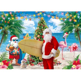 July Christmas Backdrop Summer Christmas Tree Santa Snowman Photography Background Tropical Beach Palm Leaves Blue Sky Ocean Xmas Family Holiday Party Photo Backdrop (8x6FT（240x180cm）)