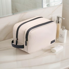 Portable Waterproof Leatherette Toiletry Bag - Double-Layer Large Capacity Organizer for Travel & Makeup, Multifunctional Toiletries Storage with Handle (Beige)