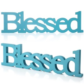 Blulu Blessed Letter Table Sign Blessed Standing Letter Table Sign Rustic Wooden Home Standing Decor for Wedding Graduation Party Baby Shower First Communion Christening Decorations(Sky Blue)