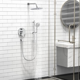 SR SUN RISE 12 Inch Shower System, Slide Bar Shower Faucets Sets Complete Round Shower Heads and 6-Spray Handheld Combo, Wall Mounted Dual Shower Set Included Valve and Trim Kit, Polished Chrome