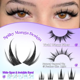 Anime Lash Clusters with Spikes Manga Eyelash Clusters Invisible Band Spiky Clusters Eyelash Extensions Natural Cluster Lashes Wispy 10-16mm DIY Lash Extension Clear Band Doll Individual Lashes 120Pcs