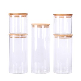 LEAVES AND TREES Y Stackable Kitchen Canisters Set, Pack of 5 Clear Glass Food Storage Jars Containers with Airtight Bamboo Lid for Candy, Cookie, Rice, Sugar, Flour, Pasta, Nuts