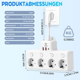 BOSYTRO Multiple Socket, Power Strip with USB, 4-Way Multiple Sockets with Single Switch, Multiple Socket with 2 USB & 1 Type-C (PD 18-20W) for Kitchen, Living Room, Office, Max 3500 W, 16 A