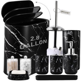 InnJoey Bathroom Accessories Set, 9-Piece Marble Black Bathroom Set, Black Bathroom Accessories with Slim Trash Can, Soap Dispenser, Toilet Brush, Toothbrush Set, Qtip Holders