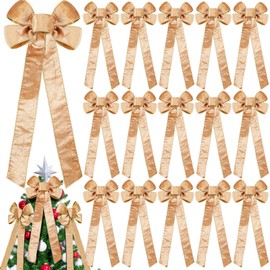 Craftsatin 16 Pcs Large Christmas Wreath Bows 9 x 26 Inch Christmas Outdoor Decorations Xmas Tree Topper Ornament with Edge for Home Front Door Indoor Gift Wrapping (Champagne,Velvet)