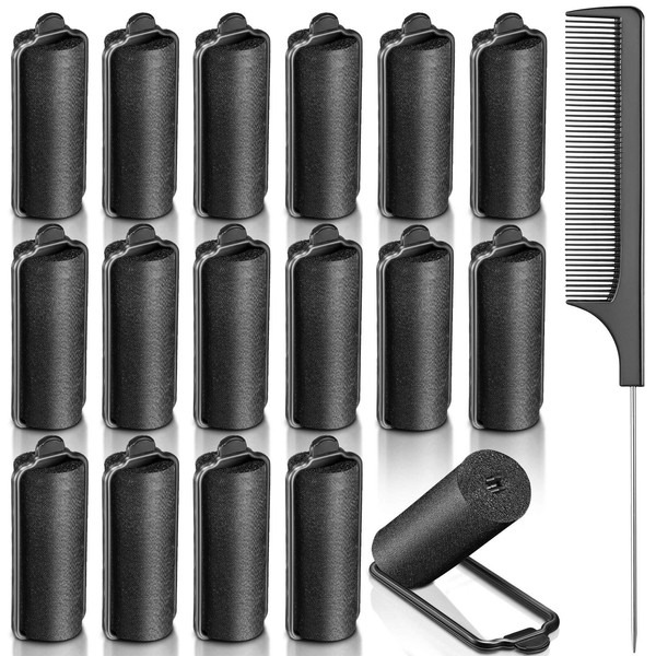 18 Pieces Satin Foam Rollers Hair Sponge Rollers Black Perm Rods Heat-Free Wave Curlers with Rat Tail Comb for Hairdressing Styling (1.18 Inches)