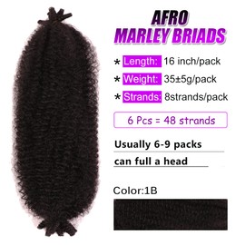 Seimainurs Springy Afro-Twist-Haarverlängerung, Marley-Haar, gedreht, für weiche Locken, synthetisches, vorgetrenntes Häkel-Flechthaar, Marley Twist-Haarverlängerung, 1B, 40,6 cm, 6 Stück