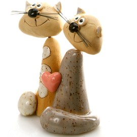 EnigmaSupplies Whimsical Ceramic Tabby Cat Duo Embracing a Heart