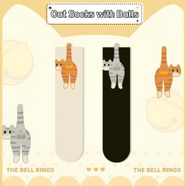 Cute Cat Socks with Balls,Funny Cat Socks for Women,Novelty Cotton Cats Fun Crew Socks for Animal Lovers Gifts (Beige)