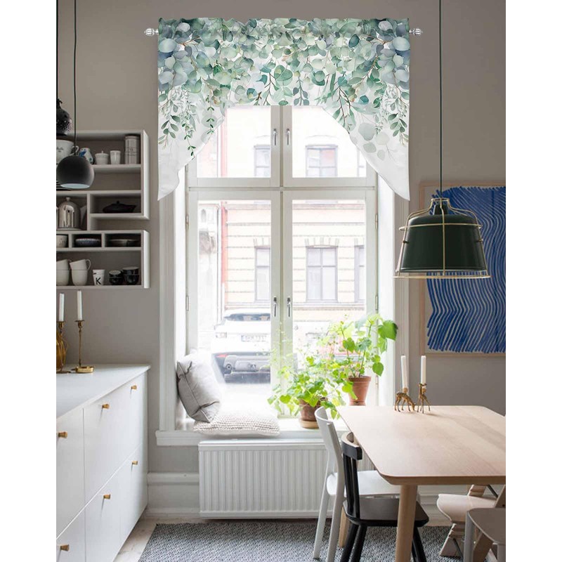 Sage Green Eucalyptus Leaves Swag Valances for Kitchen Window, Spring