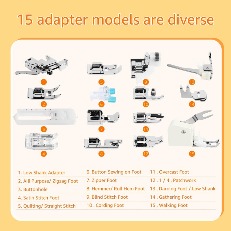 15Pcs Sewing Machine Presser Feet Set Multifunctional Spare Parts Accessories