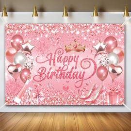 Lnkdeya Pink Rose Glitter Birthday Backdrop - 71x43 in for Women Girl Party Decorations Reusable Photography Backgrounds with Happy Birthday Banner for 30th 40th 50th 60th 70th 80th