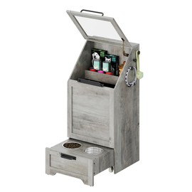 Dog Feeding Station with Storage, Pet Feeding Station with 2 Removable Dog Bowl, Pet Food Storage Organizer, Flip-Up Lid, Anti-Toppling Design, for Pet Food Supplies, Grey