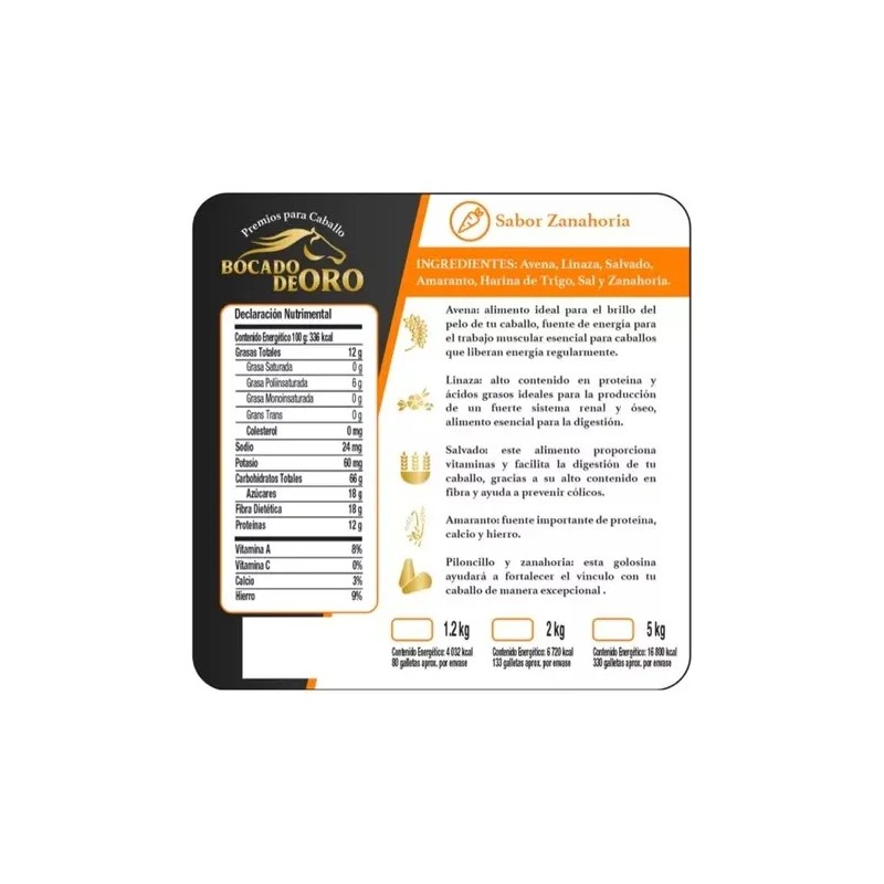 Premios Caballo Bocado De Oro, Zanahoria Avena, Cubeta 2 Kg