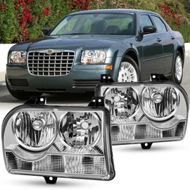 Aresparts Pair Headlights Assembly DOT Approved Compatible with 2005-2010 Chrysler 300 Base Touring LX Sedan Halogen Replacement Headlamps Chrome Housing Clear Reflector