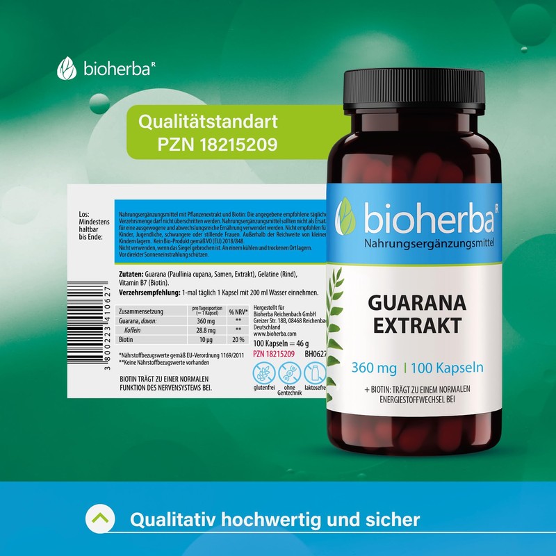 Guarana Kapseln - 1080 mg Energizer Extrakt 100 Kapseln mit