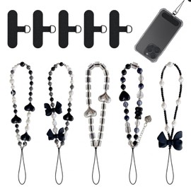 10 Pezzi Set Ciondoli per Telefono, 5 Cinturini con Perline e 5 Adesivi Universali, Stili Carini a Tema (Fiocco, Cuore, Orsetto), per Cellulare e Custodia, Bianco e Nero