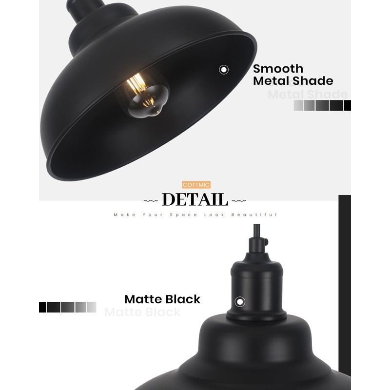 COTTMIC Black Dome Pendant Light 3 Pack, Farmhouse Pendant Lights