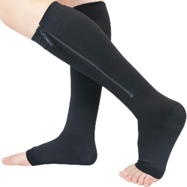 Ailaka Medical Zipper Kompressions-Wadensocken 20-30 mmHg für Frauen und Männer, kniehohe, offene Zehen, feste Unterstützung abgestufte Krampfadern Strumpfwaren für Ödeme, Schwellungen