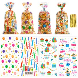 100 PCS Happy Birthday Cellophane Treat Bags(5.1x10.6 Inch) with Ties Colorful Plastic Goodie Candy Cookie Goody Loot Gifts Bags Bulk Pouches for Birthday Party Favors Supplies Decorations for Kids