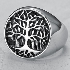 Jude Jewelers Stainless Steel Tree of Life Round Signet Ring (Silver, 5.5)