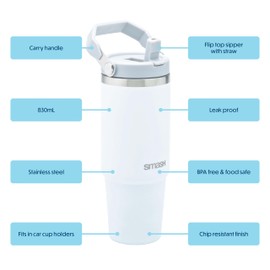 Smash 830ml Dual Wall Stainless Steel Handled Tumbler and Flip Straw Lid - White